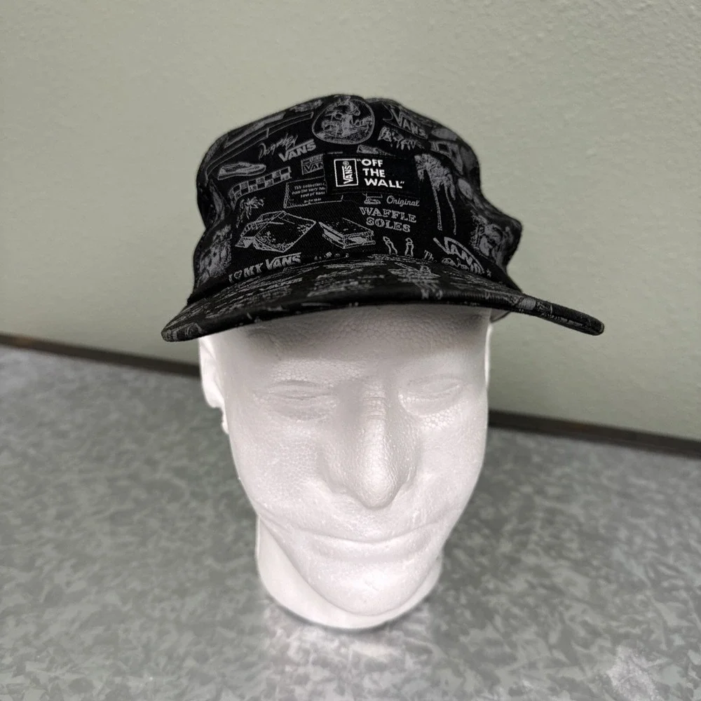 Vans Snapback Trucker Hat All Over Print Mesh Waffle Soles Rare Black Retro